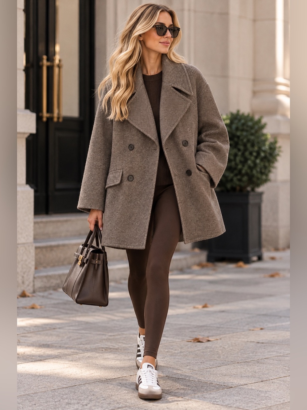 Zara Italian Wool Collection Women's Style Double-Breasted Brown Peacoat
